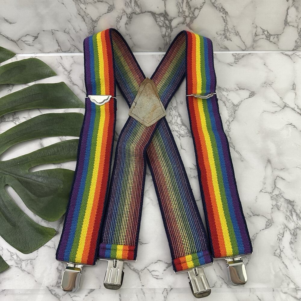 Yosemite Mens Vintage 90s Rainbow Striped Suspenders Colorful Elastic Adjustable